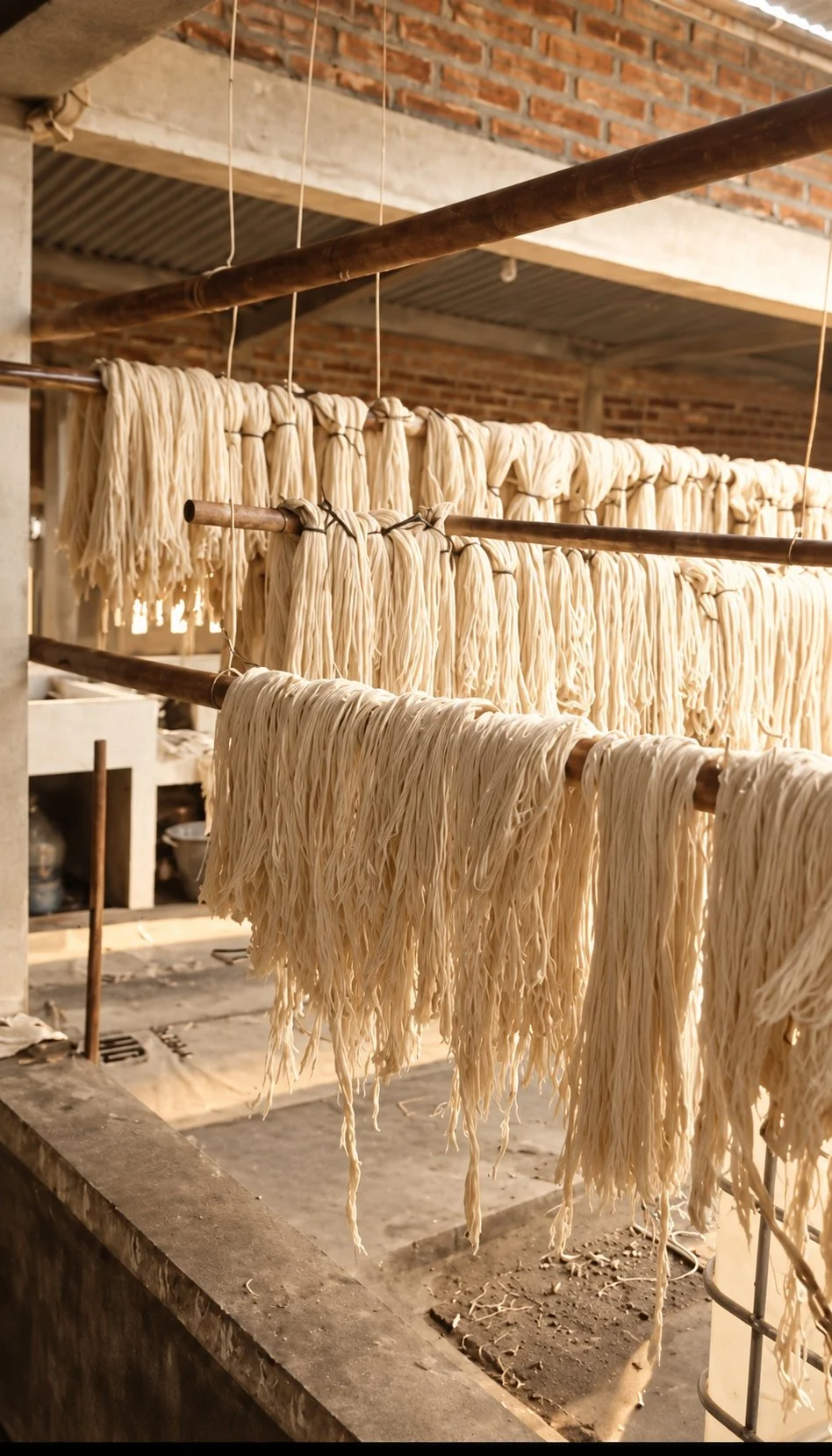 pineapple-cotton blend thread hanging in hanks to dry across the workshop after spinning.