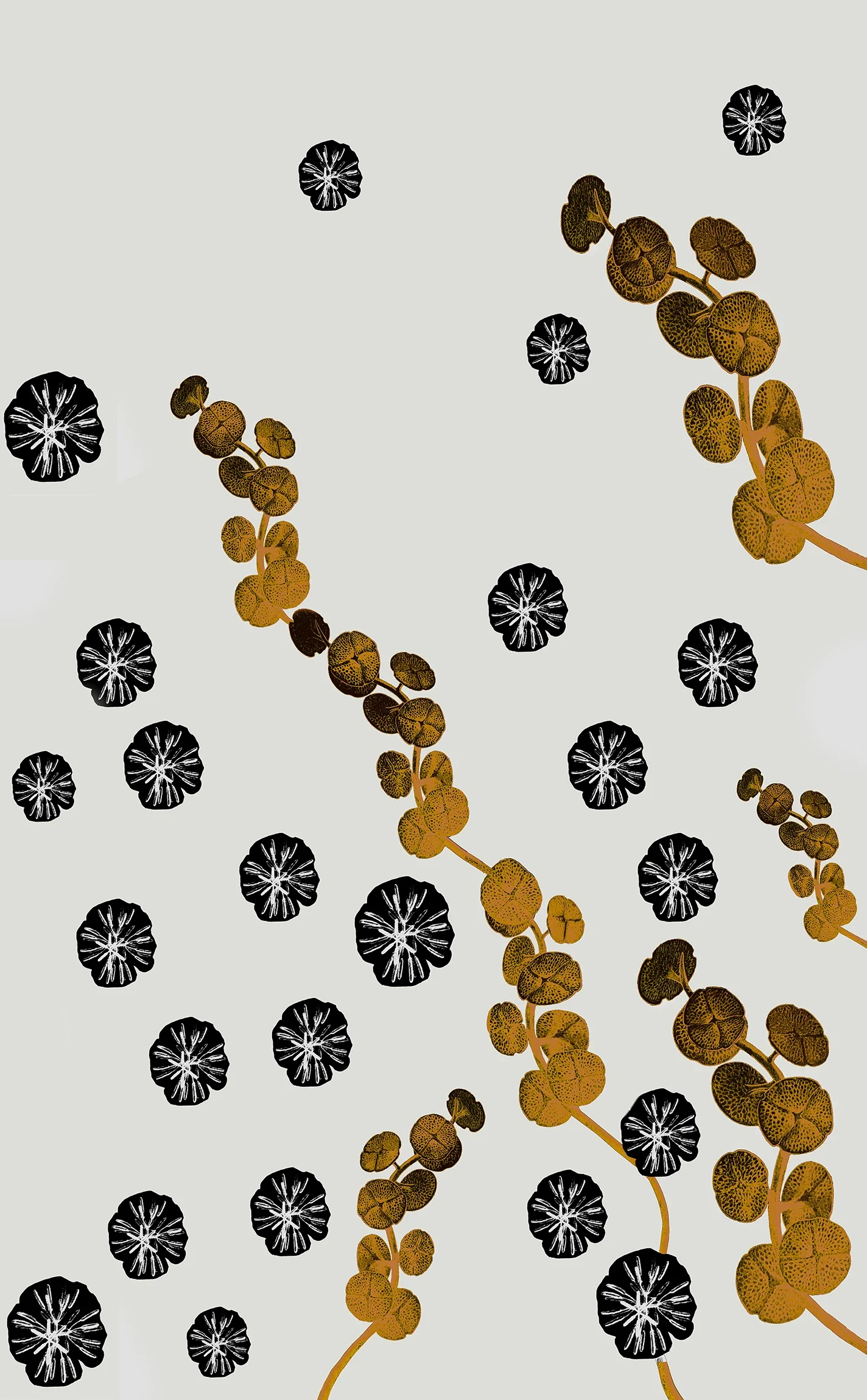 Illustrated Hypatia textile pattern swatch showing a gold botanical branch with round leaf clusters and small black-and-white flower motifs, scattered across a light grey background.