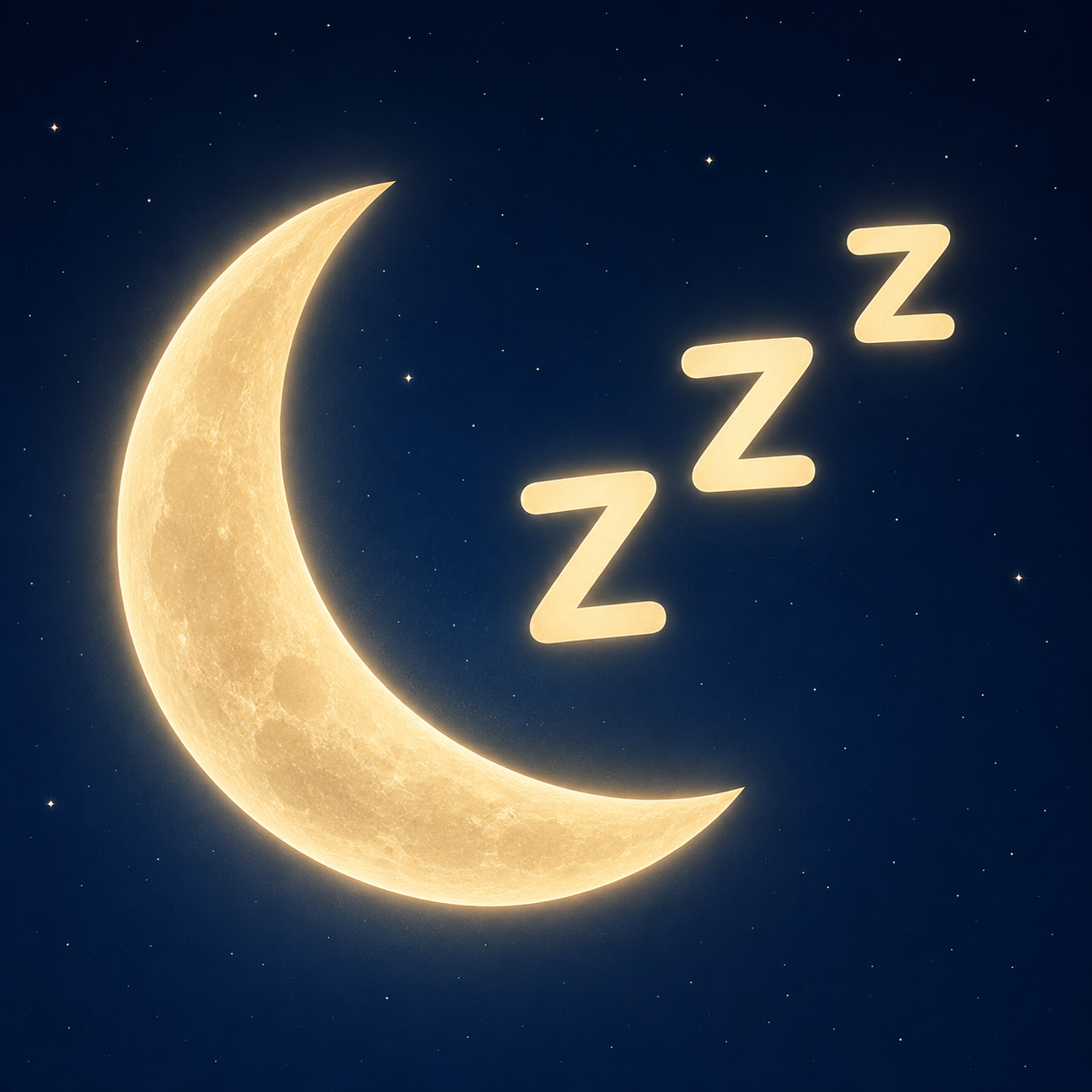A glowing yellow crescent moon with drifting "Zzz" symbols against a starry night sky