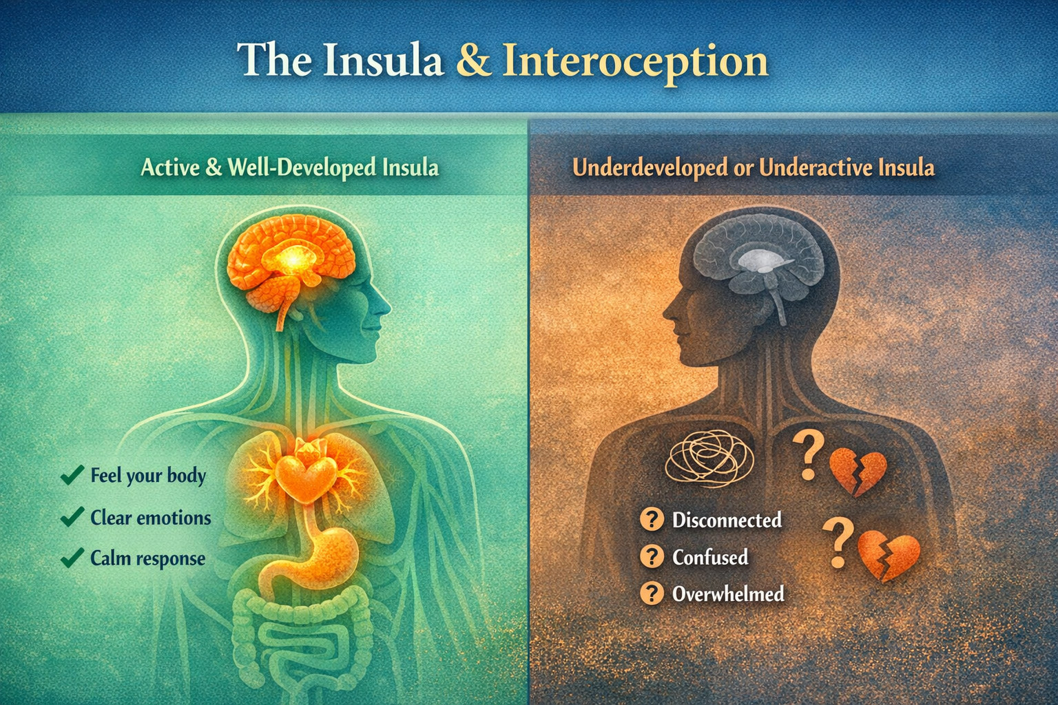 Illustration showing the insula and interoception, comparing an active insula with clear emotional awareness to an underactive insula linked to disconnection and overwhelm