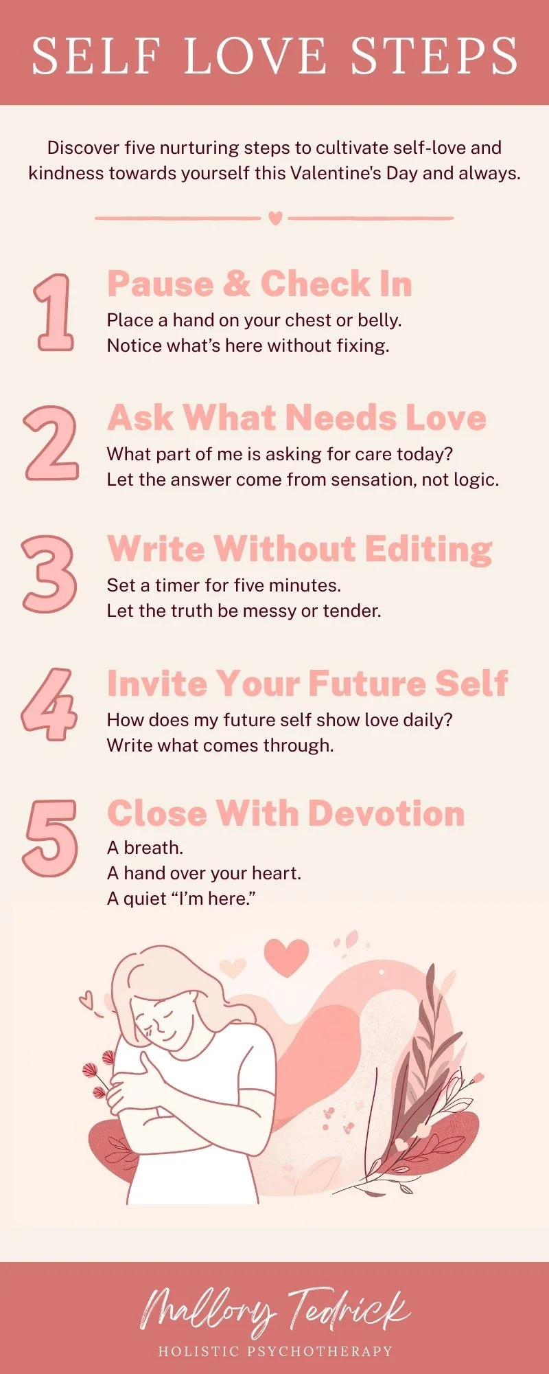 Infographic outlining a gentle five-step Valentine’s Day love ritual focused on presence, reflection, and self-connection.
