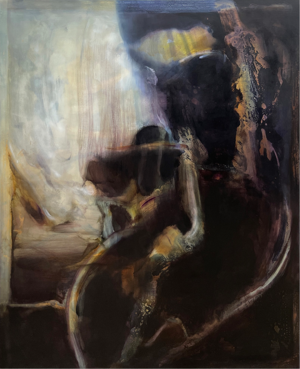 An abstract painting called Unless the Earth Says Otherwise with dark, earthy tones and hints of light, depicting a humanoid figure with a flowing, indistinct form.