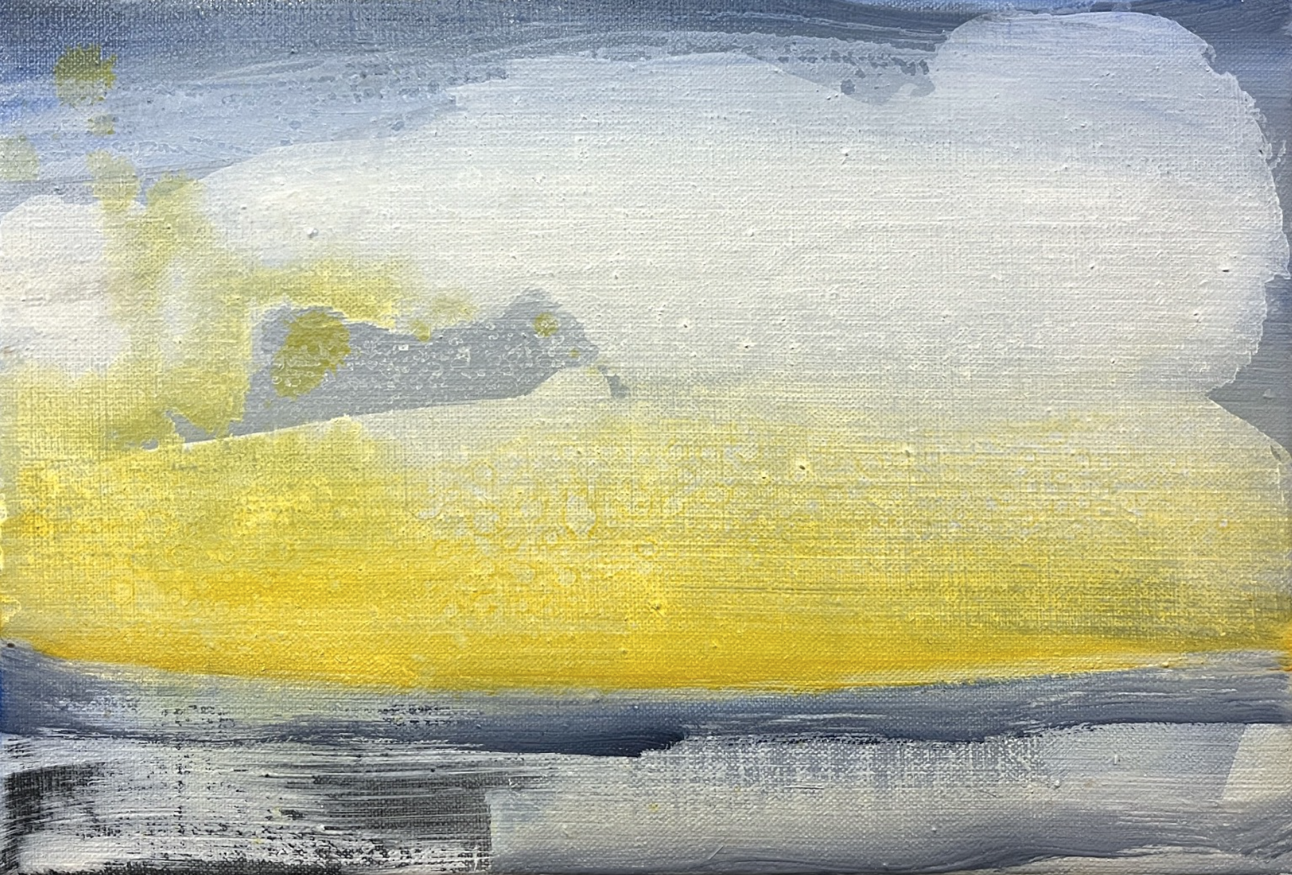 Abstract painting Feeling of Skies with horizontal bands of gray, white, yellow, and black colors.