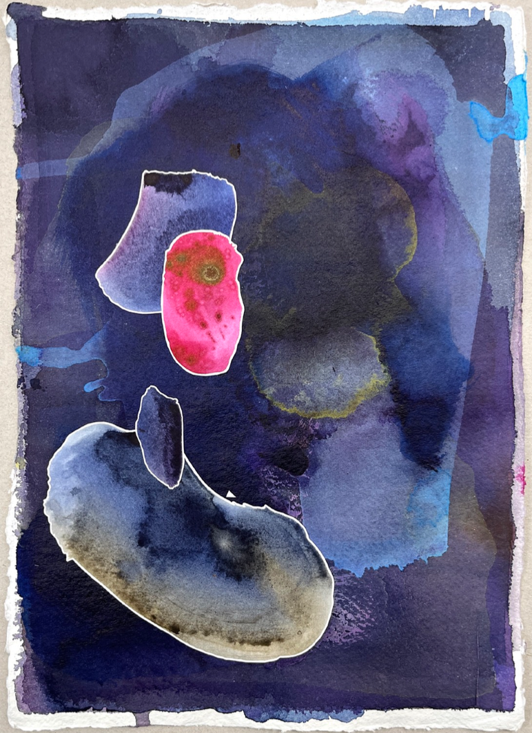 Abstract watercolor painting  from the series Serendipity with dark blue and purple background, featuring a pink-red shape and a grayish shape outlined in white.
