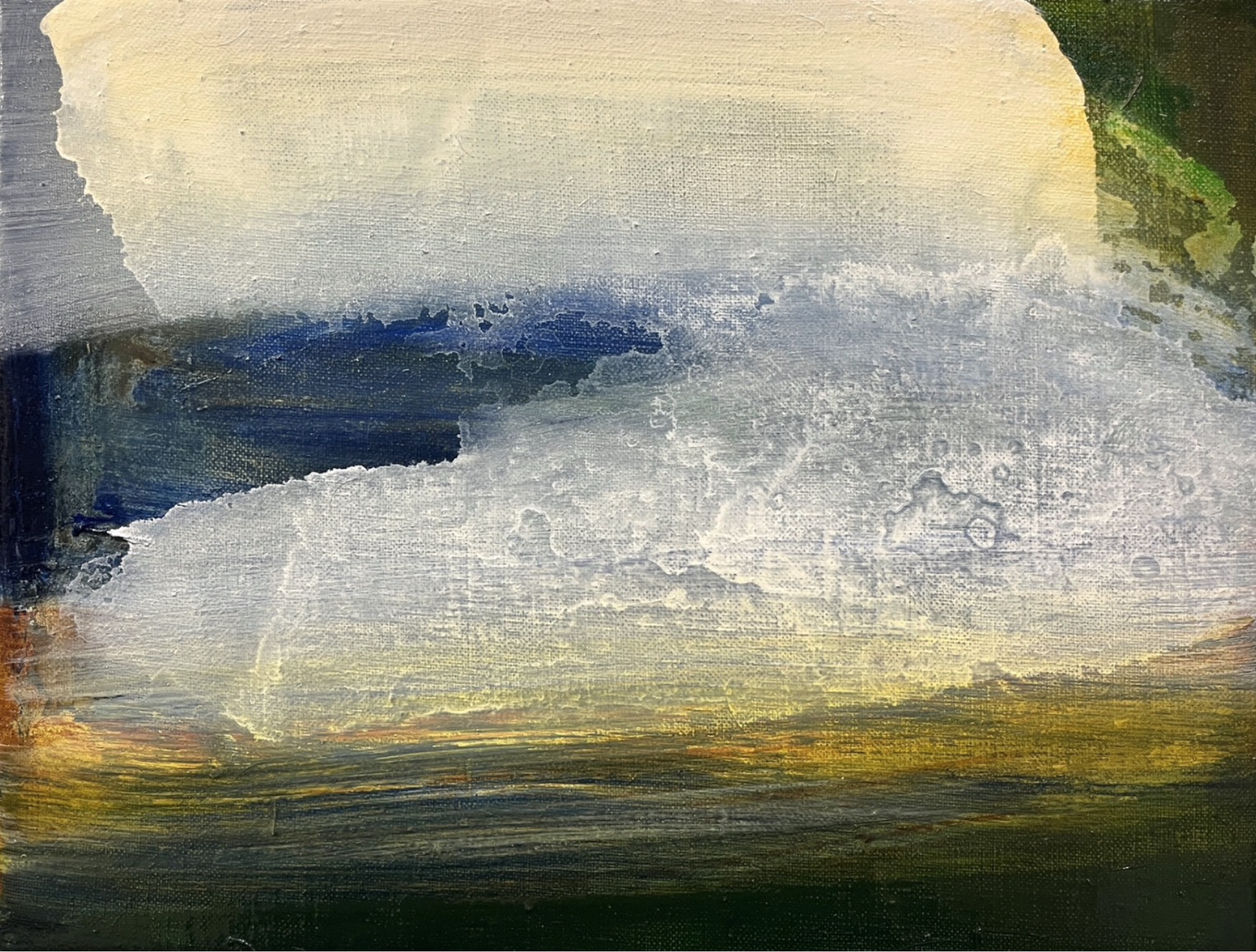 Abstract painting Then and There with horizontal bands of light cream, blue, white, yellow, and dark green colors.