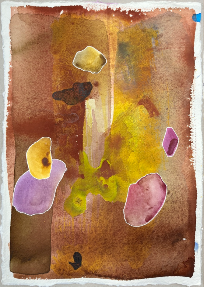Abstract watercolor painting from the series Serendipity with splashes of yellow, pink, purple, brown, and green on textured paper.