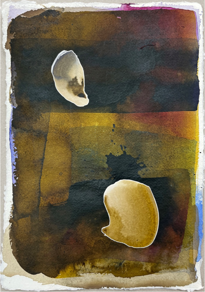Abstract watercolor painting from the series Serendipity with dark brown, black, and mustard yellow tones. Features two irregular, oval-shaped, light-colored blobs with dark centers, one near the top left and the other near the bottom right.