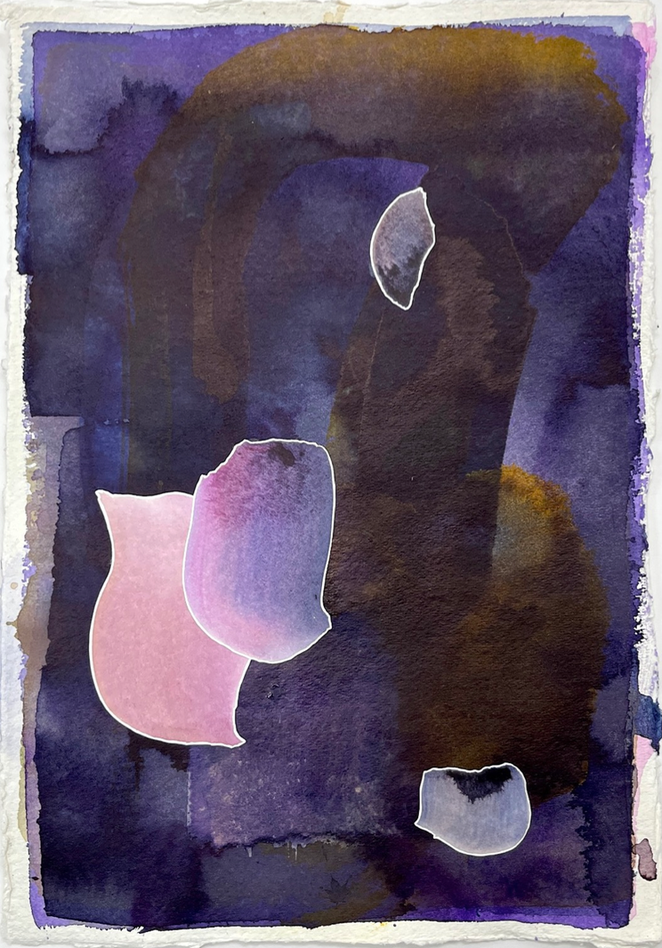 Abstract watercolor painting  from the series Serendipity with dark purple, blue, brown, pink, and white shapes and forms.
