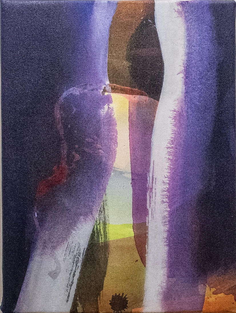 Abstract painting Reason to Stay with layered colors including purple, brown, yellow, and white, featuring textured and brushstroke effects.