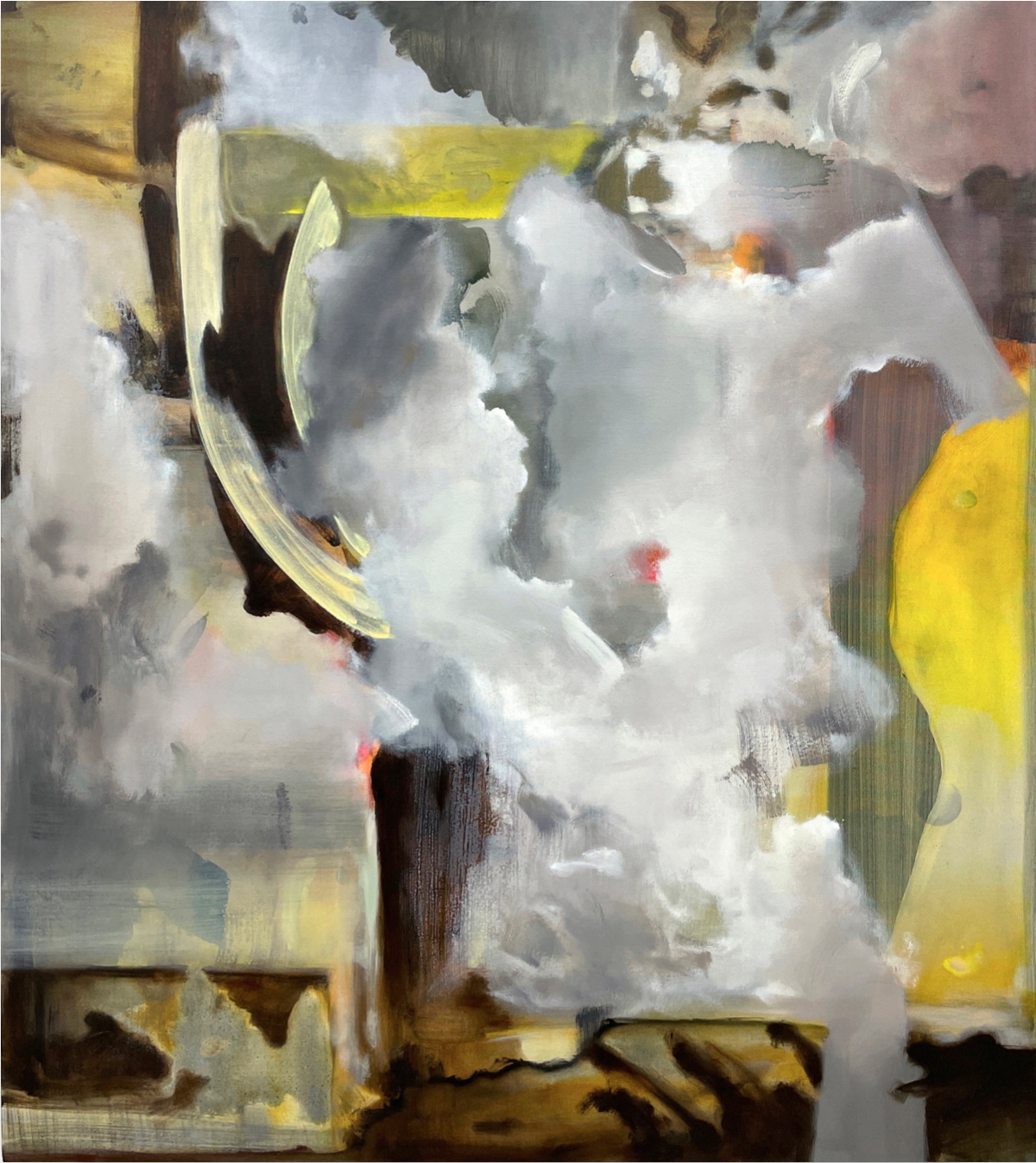 Abstract painting called Time To Shift partially obscured by clouds of smoke or mist, with yellow accents and a dark background.