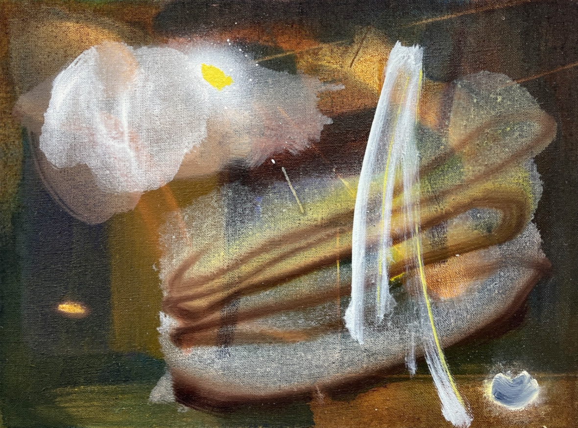 Abstract painting called Eclipse with layered textures and colors, including browns, whites, yellow, and hints of orange, featuring a prominent white streak and a cloud-like shape.
