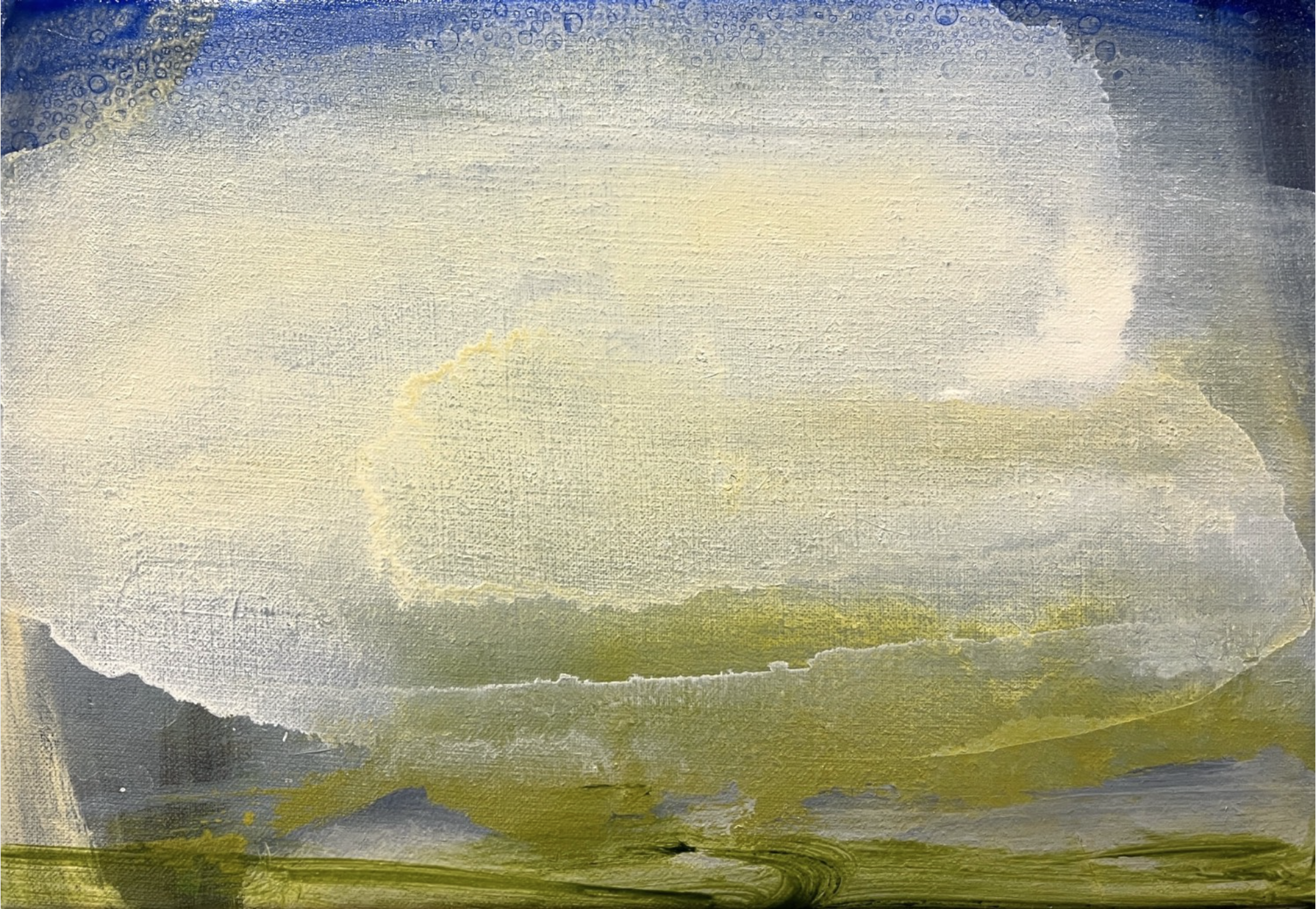 Abstract painting Calm Shine, landscape partially obscured by clouds, with green and yellow land at the bottom.