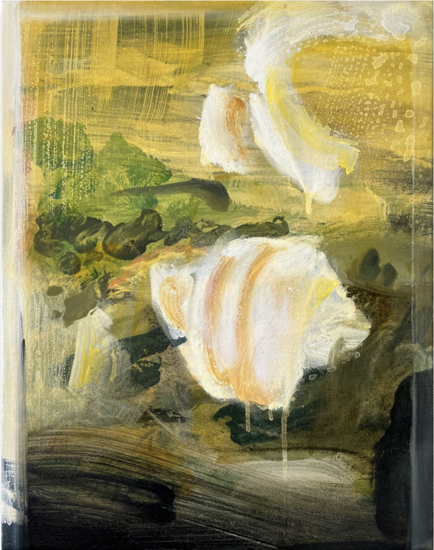 Abstract landscape painting Wanderlust featuring a tree and flowy white and yellow shapes, with green and black accents, in a natural scene.