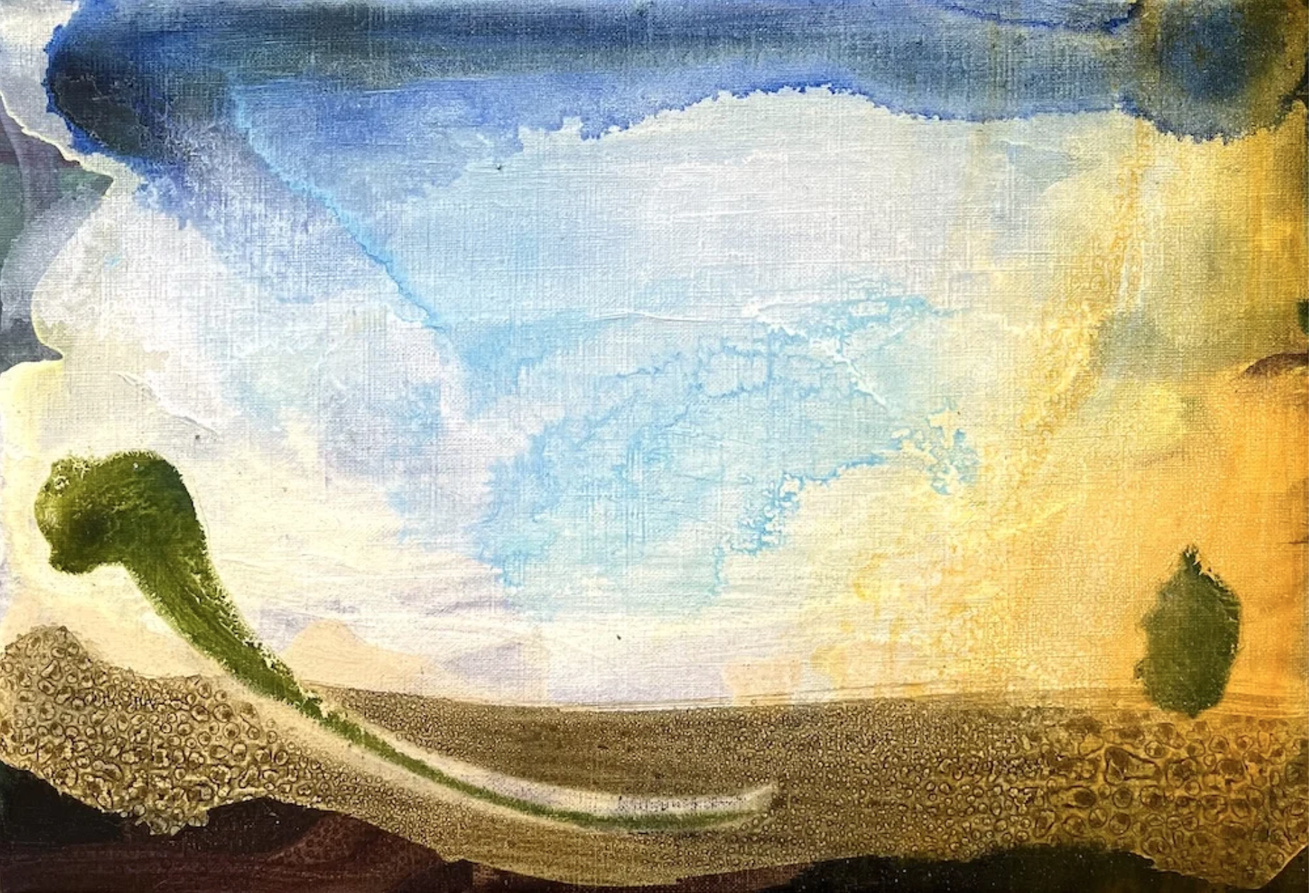 Abstract painting from Atmospheres featuring blue, white, yellow, and green colors, with textures resembling craters and fluid brushstrokes.