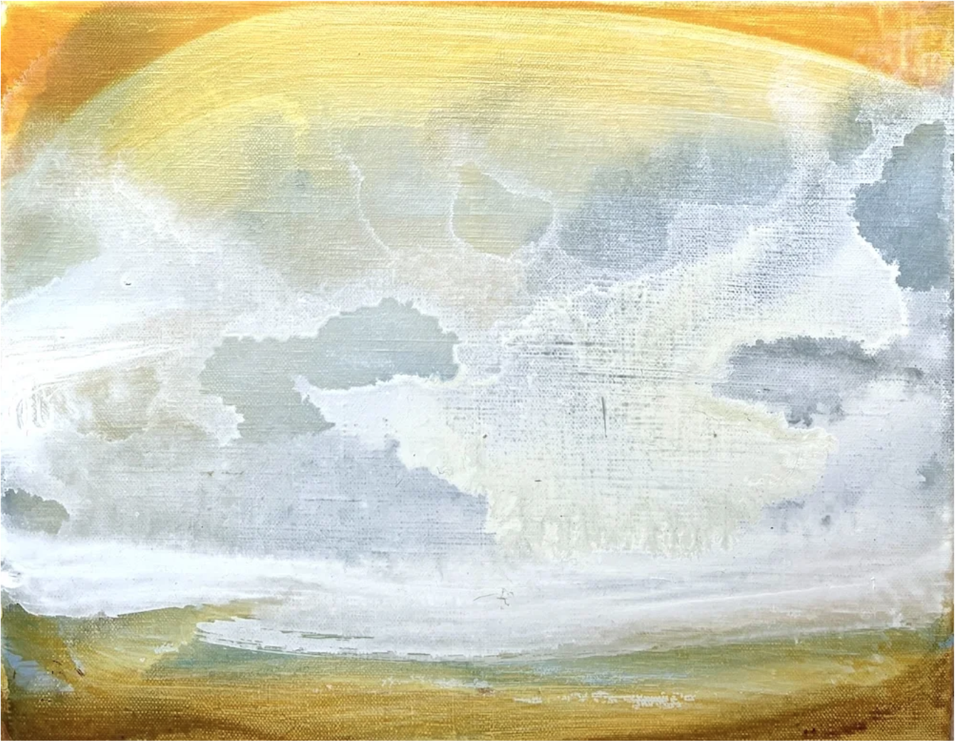 Abstract painting from Atmospheres with yellow, white, and gray hues, with cloud-like shapes and textured brushstrokes.