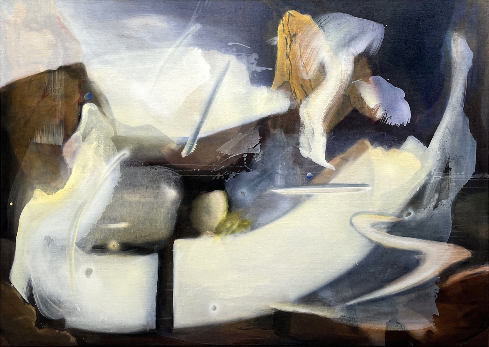 Abstract painting called Long Due Revision with dark, light, and yellowish brushstrokes, featuring a mix of shapes and textures.