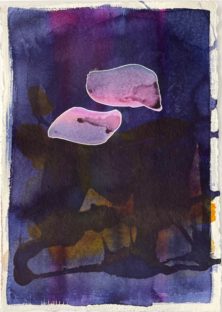 Abstract watercolor painting  from the series Serendipity with dark blue and purple background, pink and purple shapes resembling two floating lily pads, and darker organic shapes at the bottom.