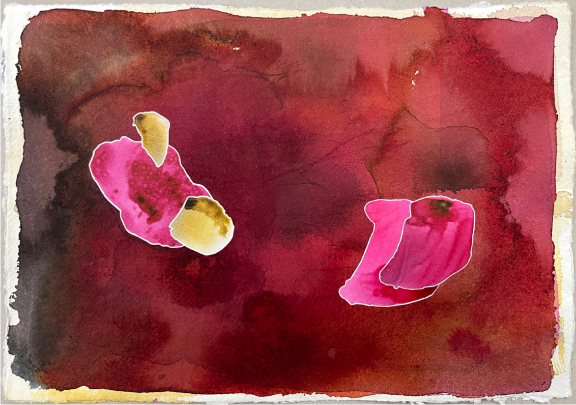 Abstract watercolor painting from the series Serendipity with a dark red background and two irregular pink and yellow shapes outlined in white.