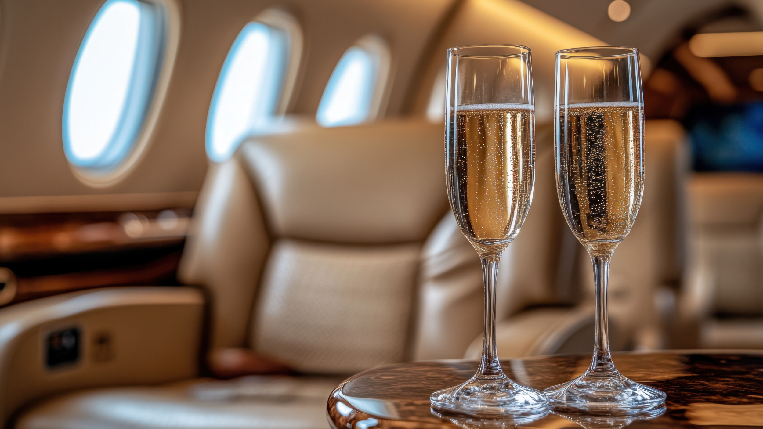 Two glasses of champagne on a wooden table inside an airplane cabin with beige seats and oval windows in the background.