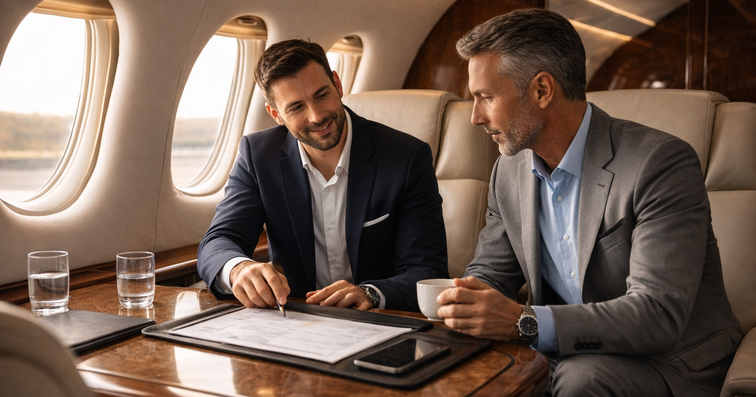 Private jet charter advisor reviewing travel plans with client inside aircraft cabin