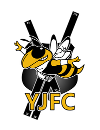 A cartoon bee mascot wearing sunglasses and a black jacket with a star, making a peace sign. Below it are the letters 'YJFC' in yellow. The bee is holding a smartphone in one hand and a comb in the other.