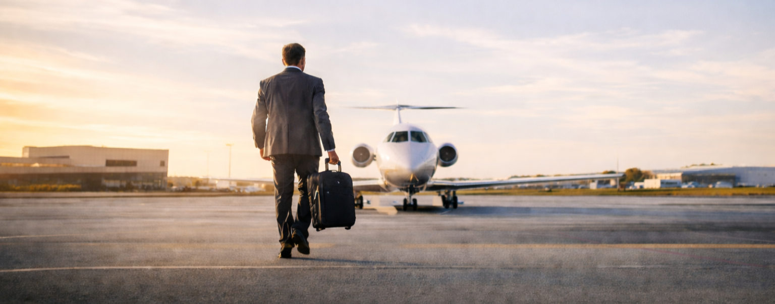 Business man walking toward private jet charter plane