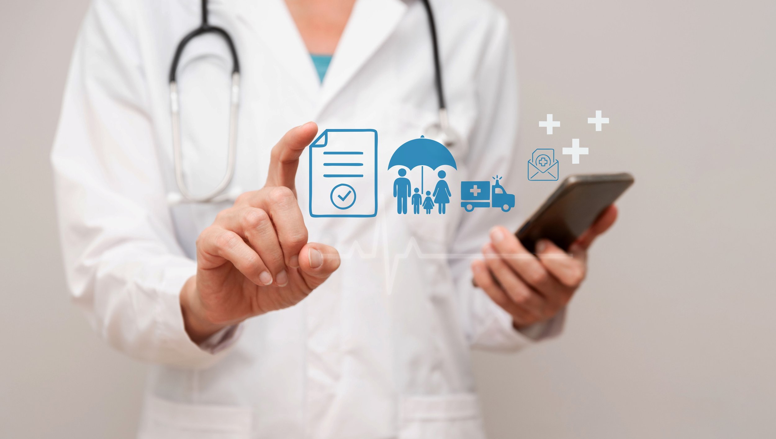 A photo of a doctor looking at her phone searching for RCM services