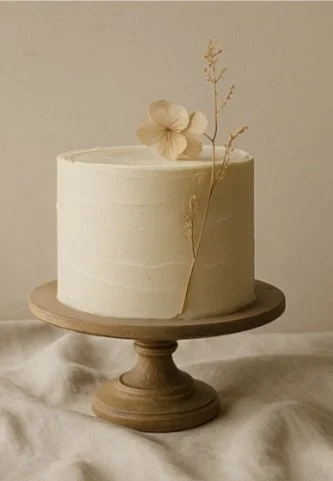 Cream-colored frosted cake with a flower decoration on top, placed on a wooden cake stand.
