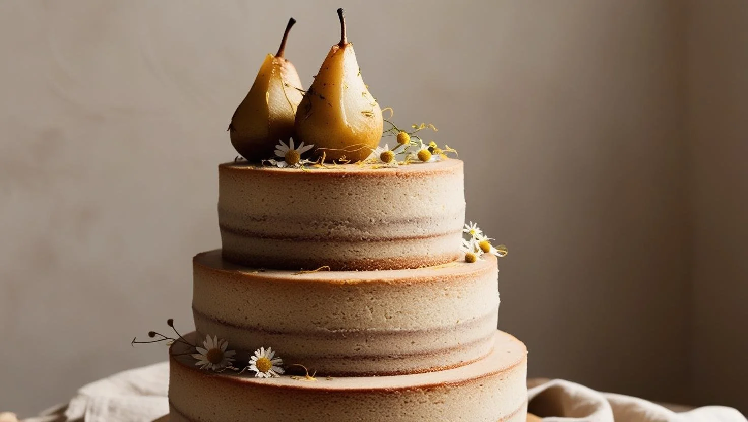 A four-tiered cake decorated with pears, daisies, and small yellow flowers against a neutral background.