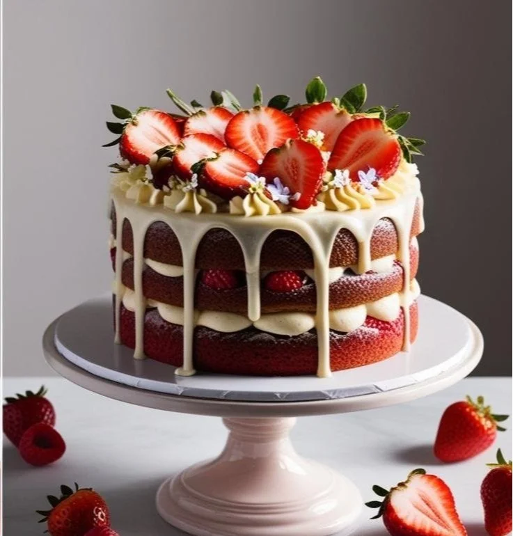 Strawberry layered cake with white chocolate drips and fresh strawberry slices on top, placed on a white cake stand surrounded by additional strawberries.