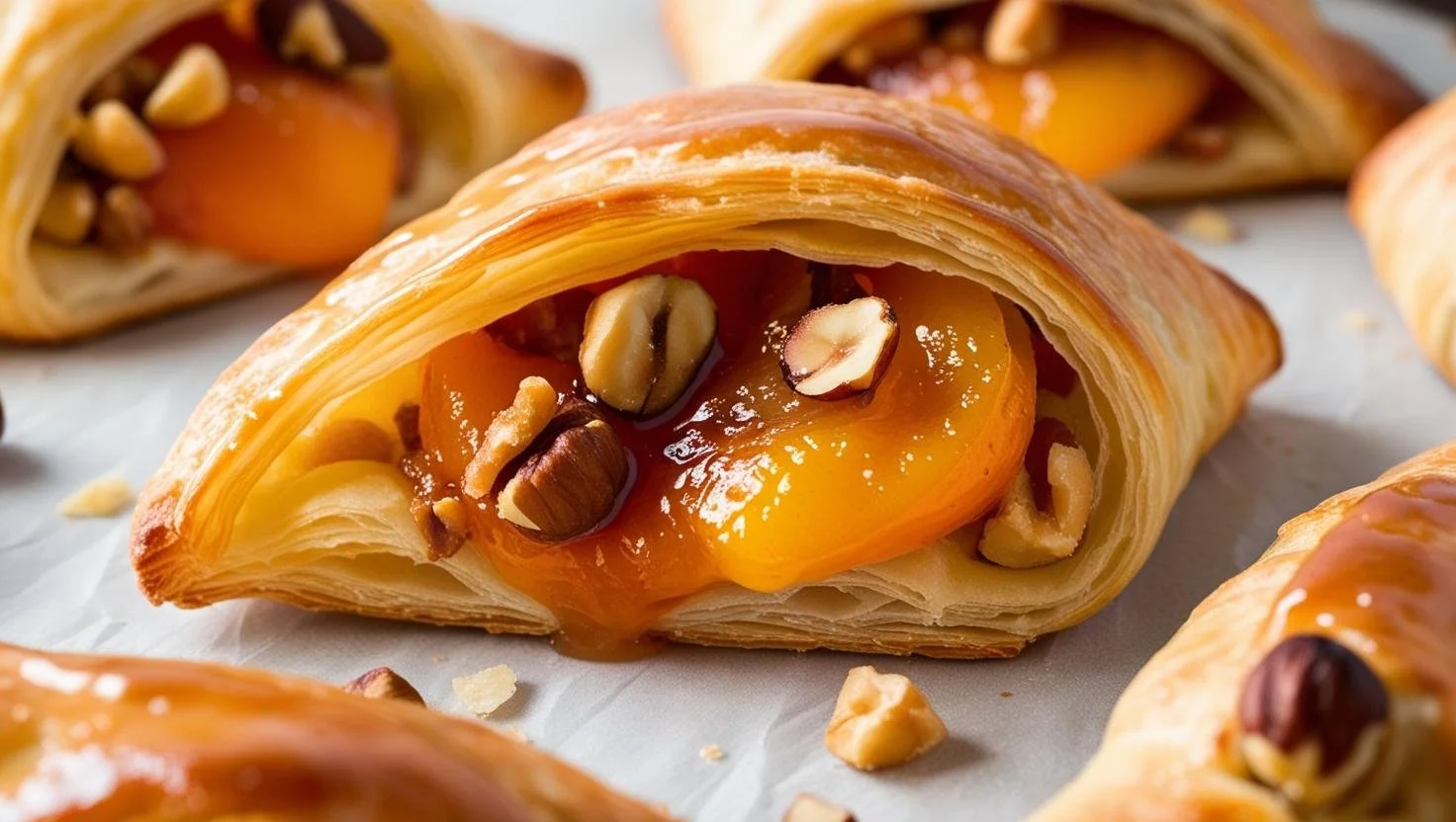Peach pastries filled with peaches and topped with chopped nuts.