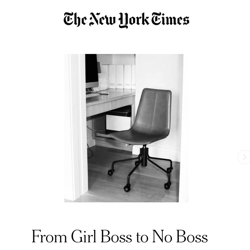 A black and white photo of an office chair in front of a desk, with a computer monitor and organized binders, and the text 'The New York Times' at the top and 'From Girl Boss to No Boss' at the bottom.