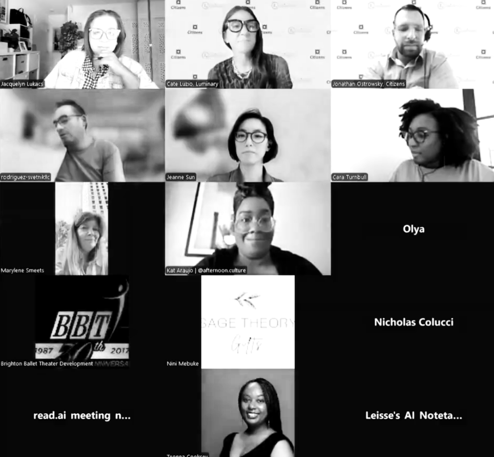 Screenshot of a virtual meeting with multiple participants, some with video on and others with blank screens or names visible, in black and white.