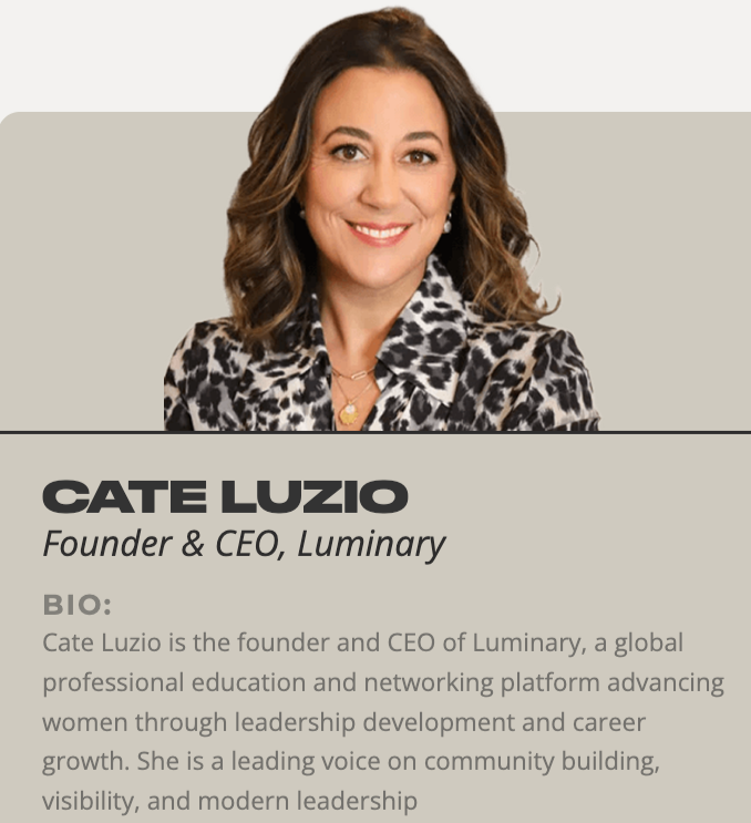 Professional headshot of Cate Luzio, smiling woman with wavy brown hair, wearing a leopard print blazer, earrings, and a gold necklace.