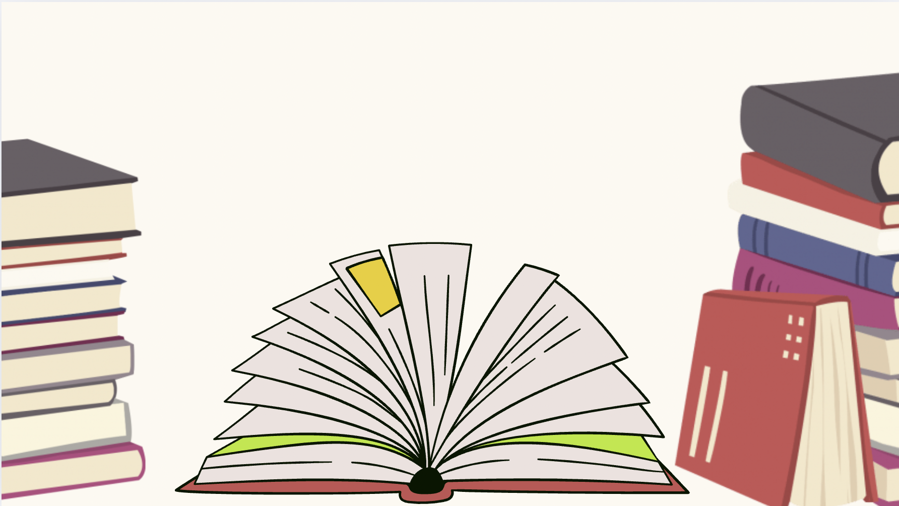 Open book with blank pages, surrounded by stacks of closed books on either side.