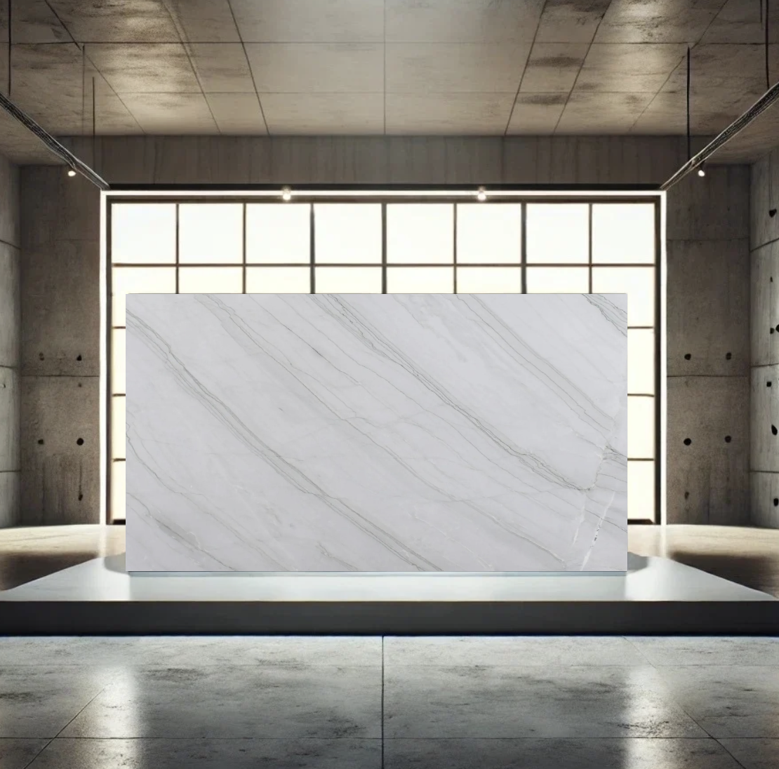 Modern interior with a large illuminated window, concrete walls, and a marble slab on display.