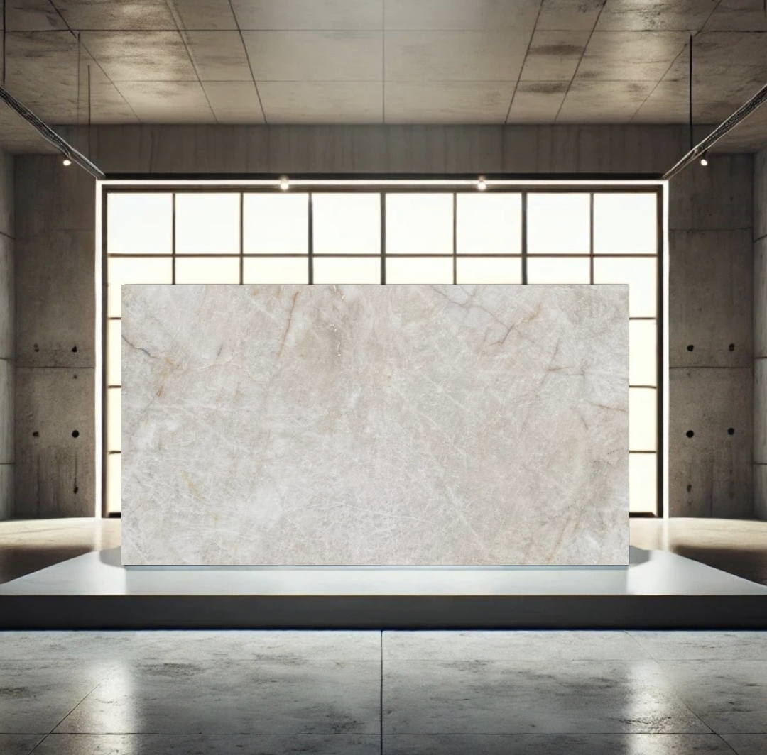 An interior of a modern, minimalist room with large windows, concrete walls, and a light-colored stone or marble rectangular block on a white platform.