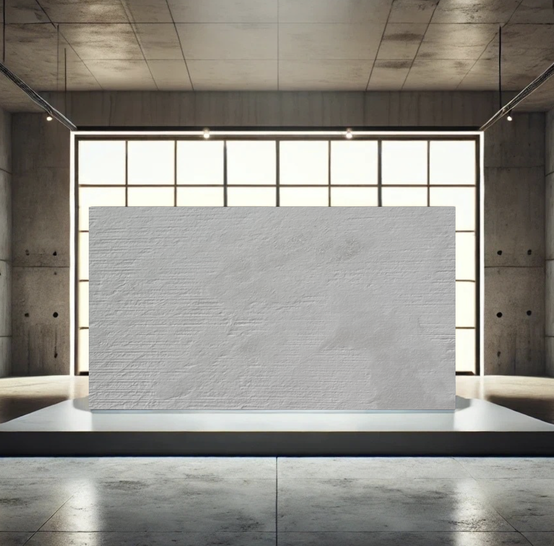 A white textured rectangular block in a modern, industrial-style room with concrete walls and a large window in the background, illuminated by natural light.