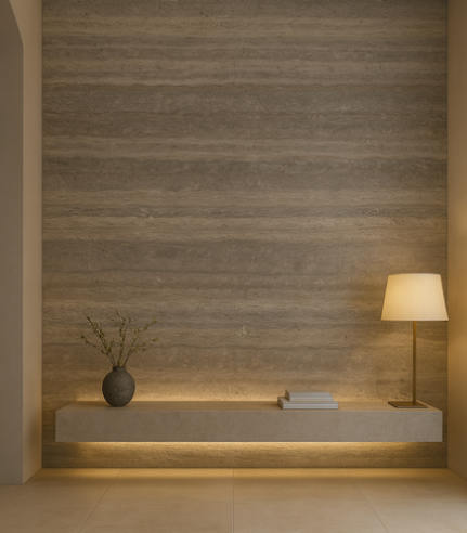 Textured gray stone feature wall with a floating stone shelf, warm lighting, a table lamp, books, and a decorative vase.