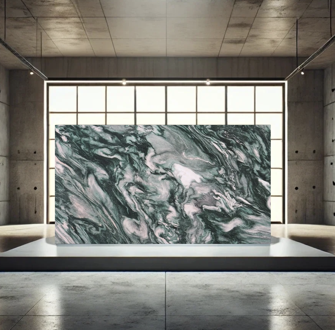 Marble slab with green, white, and pink swirls in a modern room with large window and concrete walls.