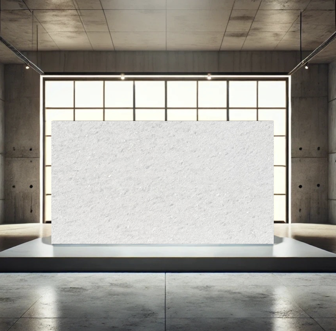 A large rectangular white textured block in an industrial-style room with concrete walls, a concrete ceiling, and a modern lightbox background with grid patterns. The block is placed on a raised platform in the center of the room.