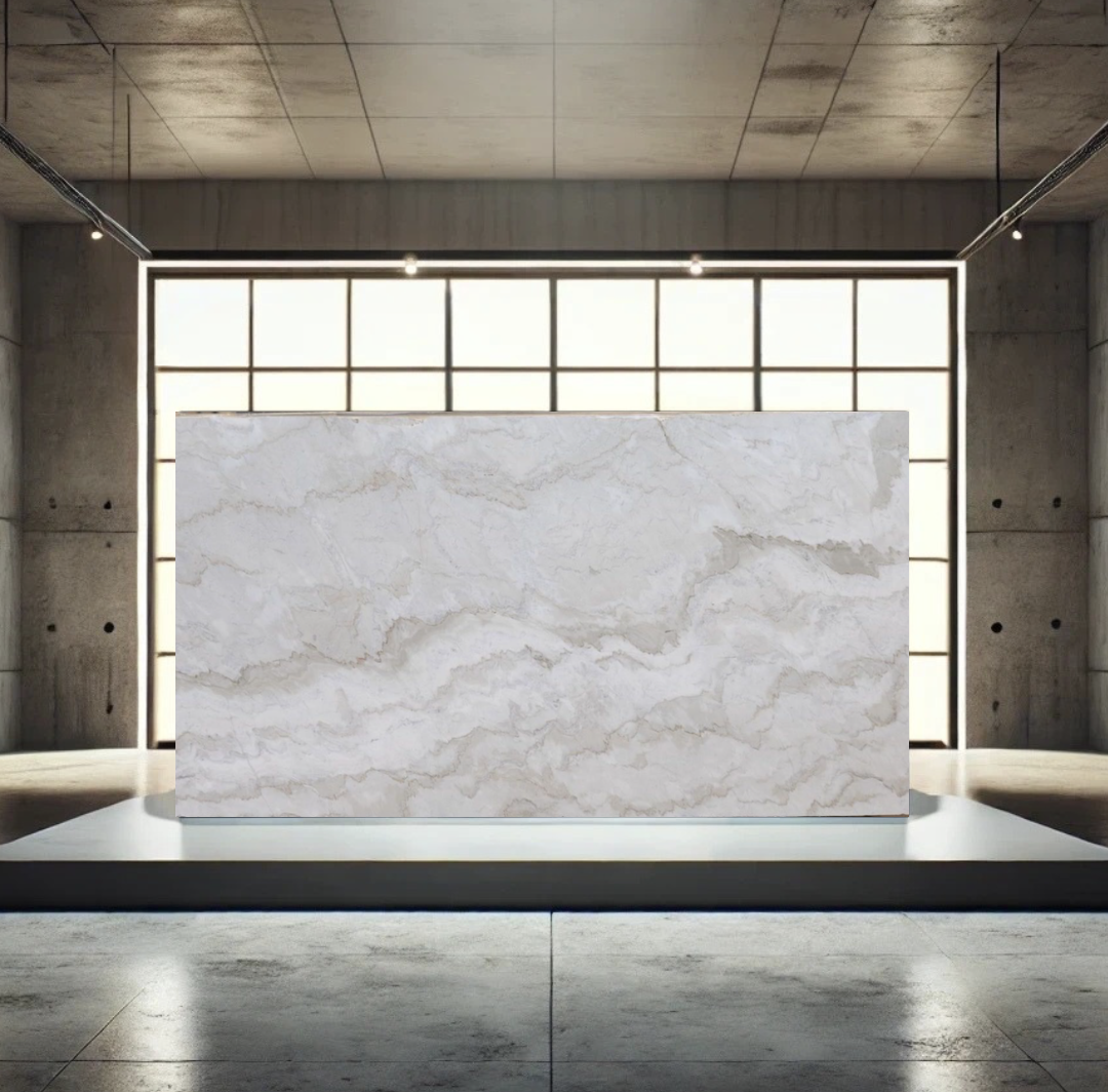 A large, rectangular, white marble slab with gray veins displayed on a platform in a modern, industrial-style room with concrete walls and a large grid window.