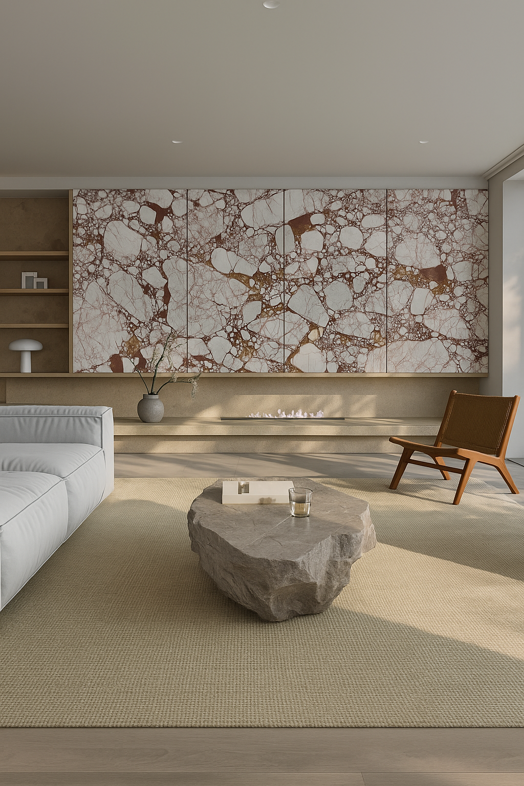 Modern living room with beige rug, large rock coffee table, white sofa, wooden chair, minimalist fireplace, pink and brown marble wall panels, and a small vase with branches.