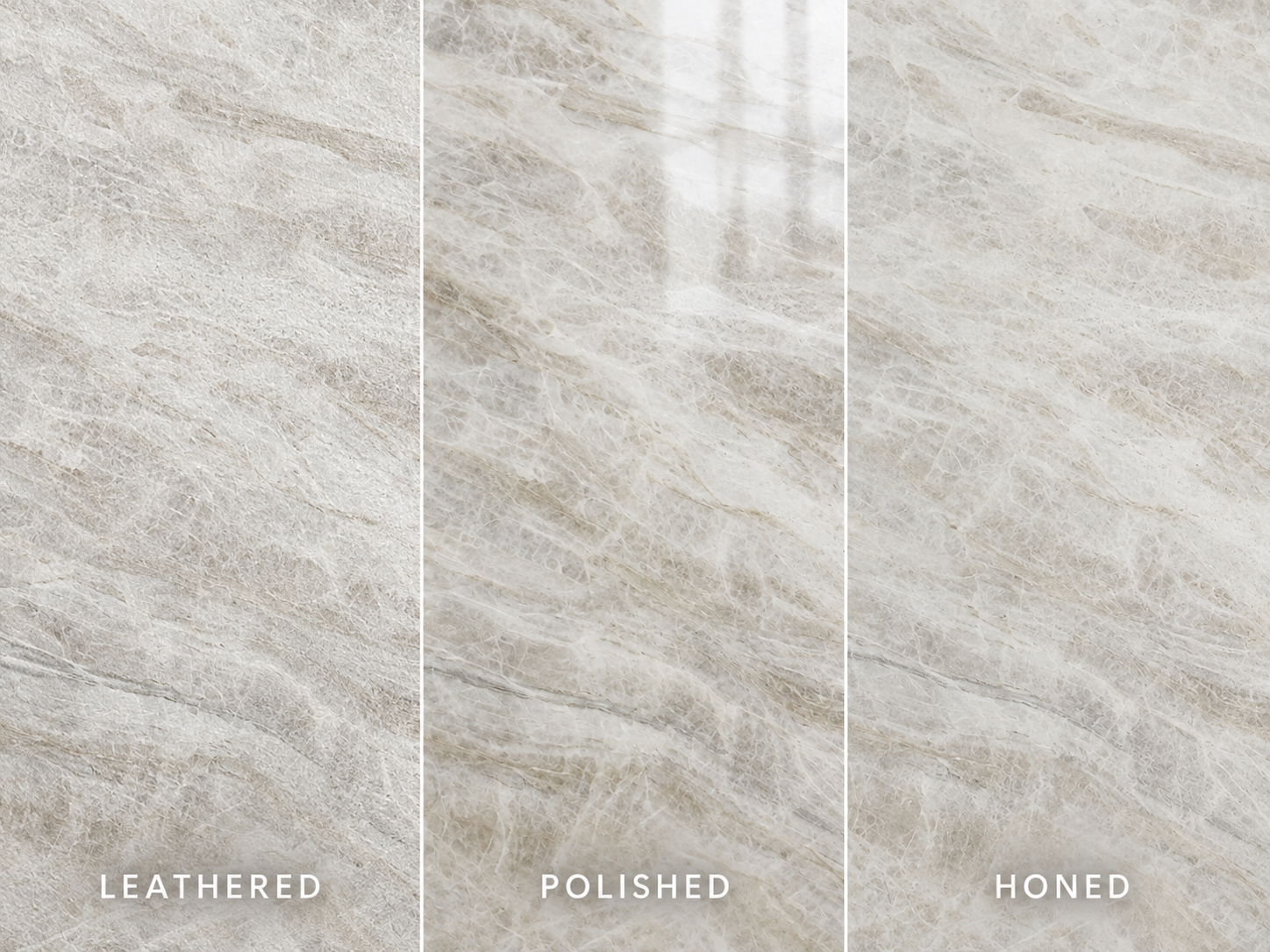 Polished honed and leathered natural stone finishes compared side by side.