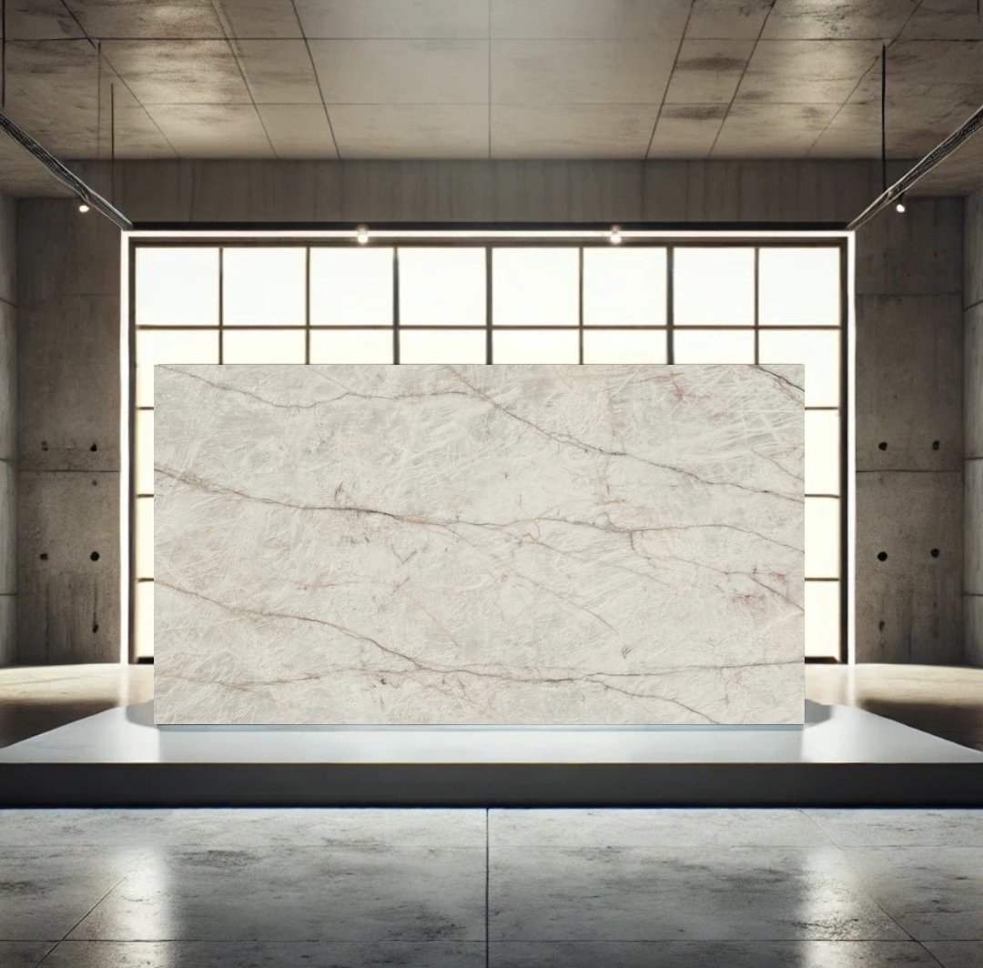 A marble display stand in a modern gallery or showroom with large windows and concrete walls.