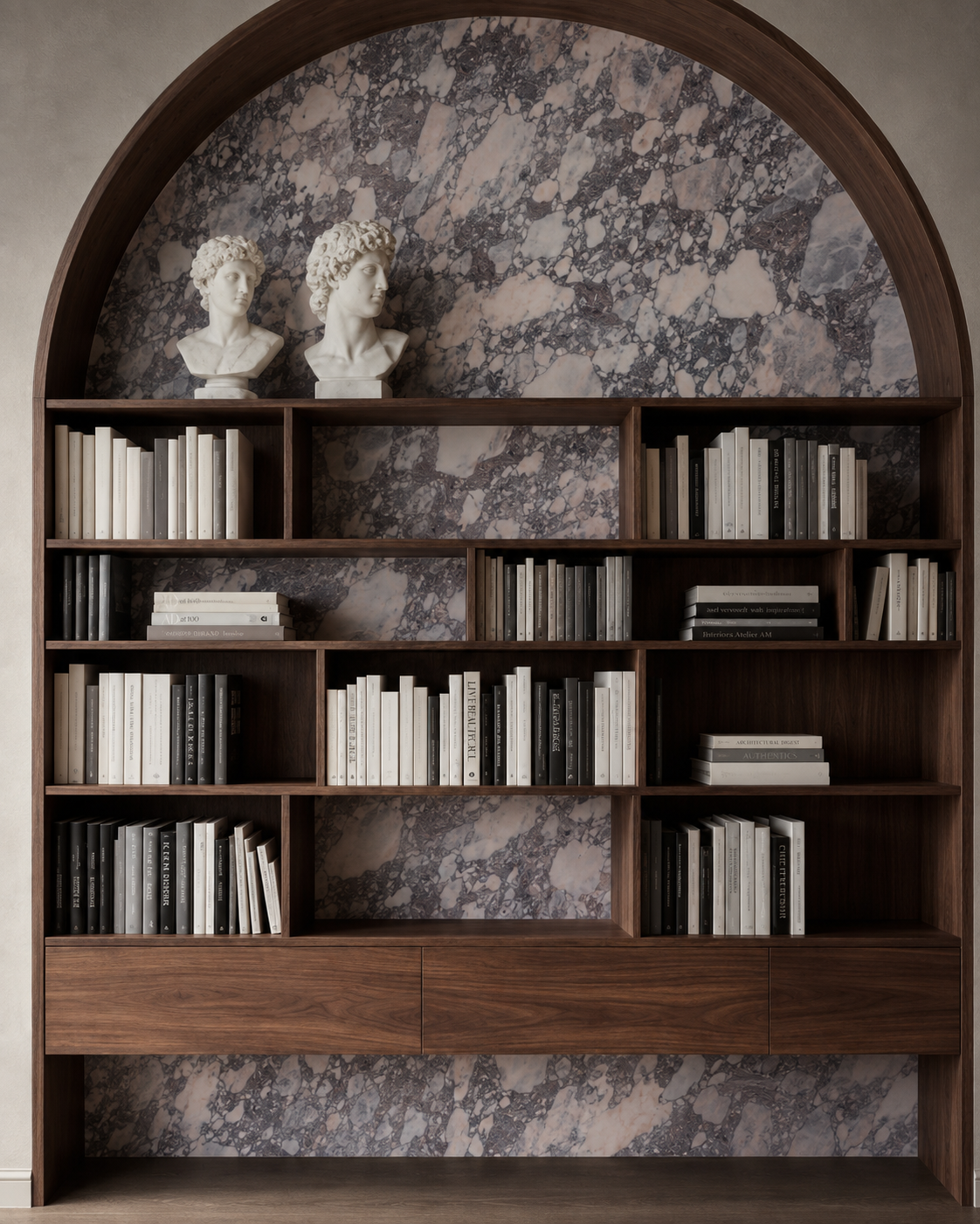 Natural marble slab with veining displayed in a bookshelf