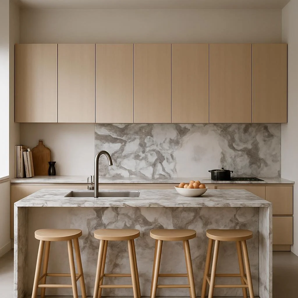 Honed natural stone backsplash and countertop detail