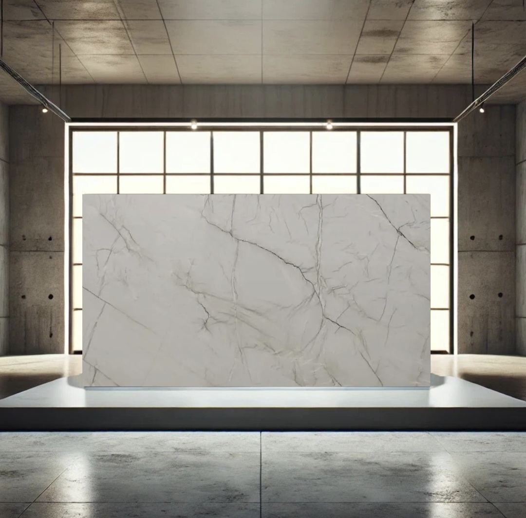 A white marble display stand with gray veins in a modern, industrial-style room with concrete walls and floor, backlit by large grid windows.