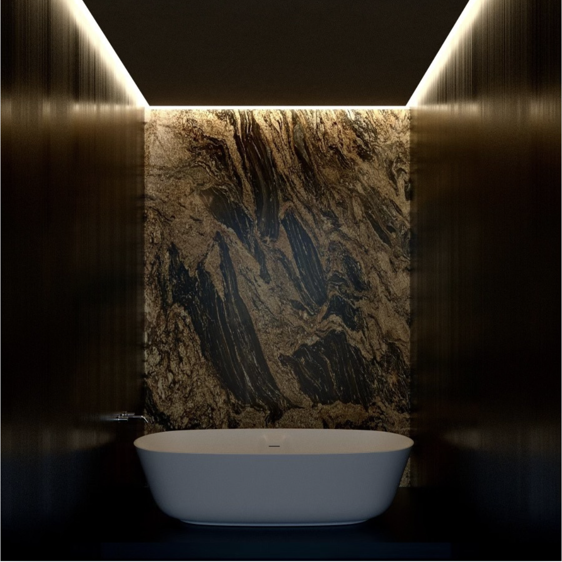 Modern bathroom with a freestanding white bathtub placed against a large, textured brown and black marble wall. The ceiling has integrated lighting that highlights the wall.