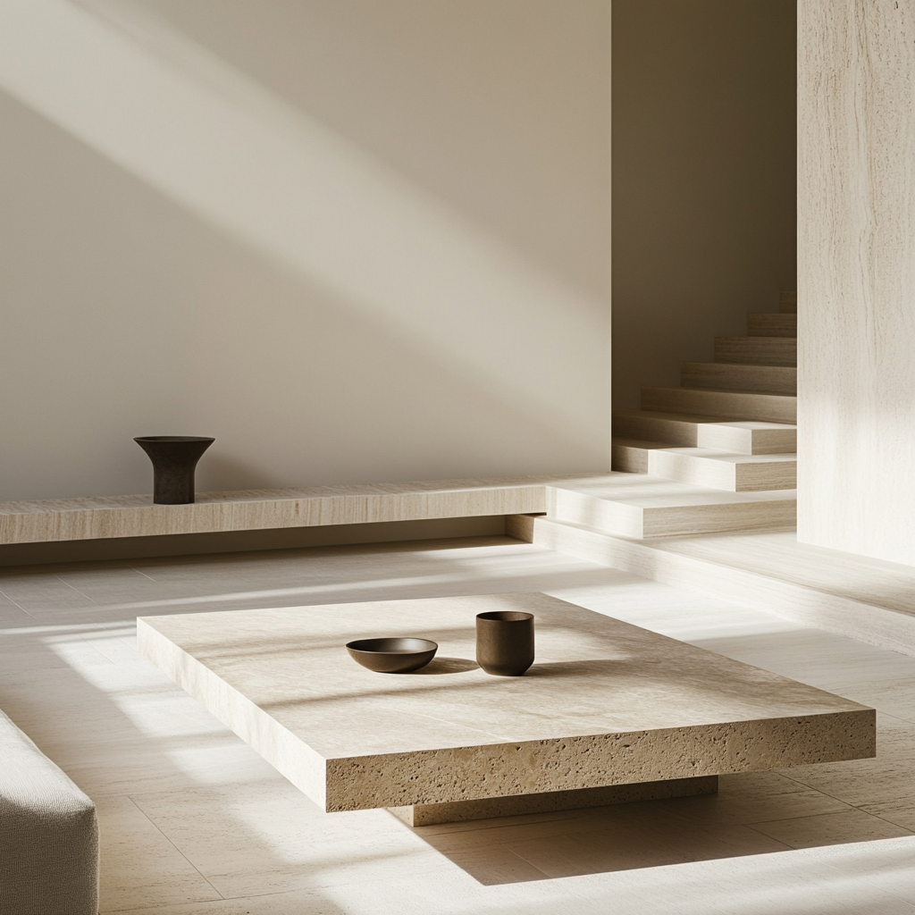 Custom natural stone furniture featuring sculptural marble table design